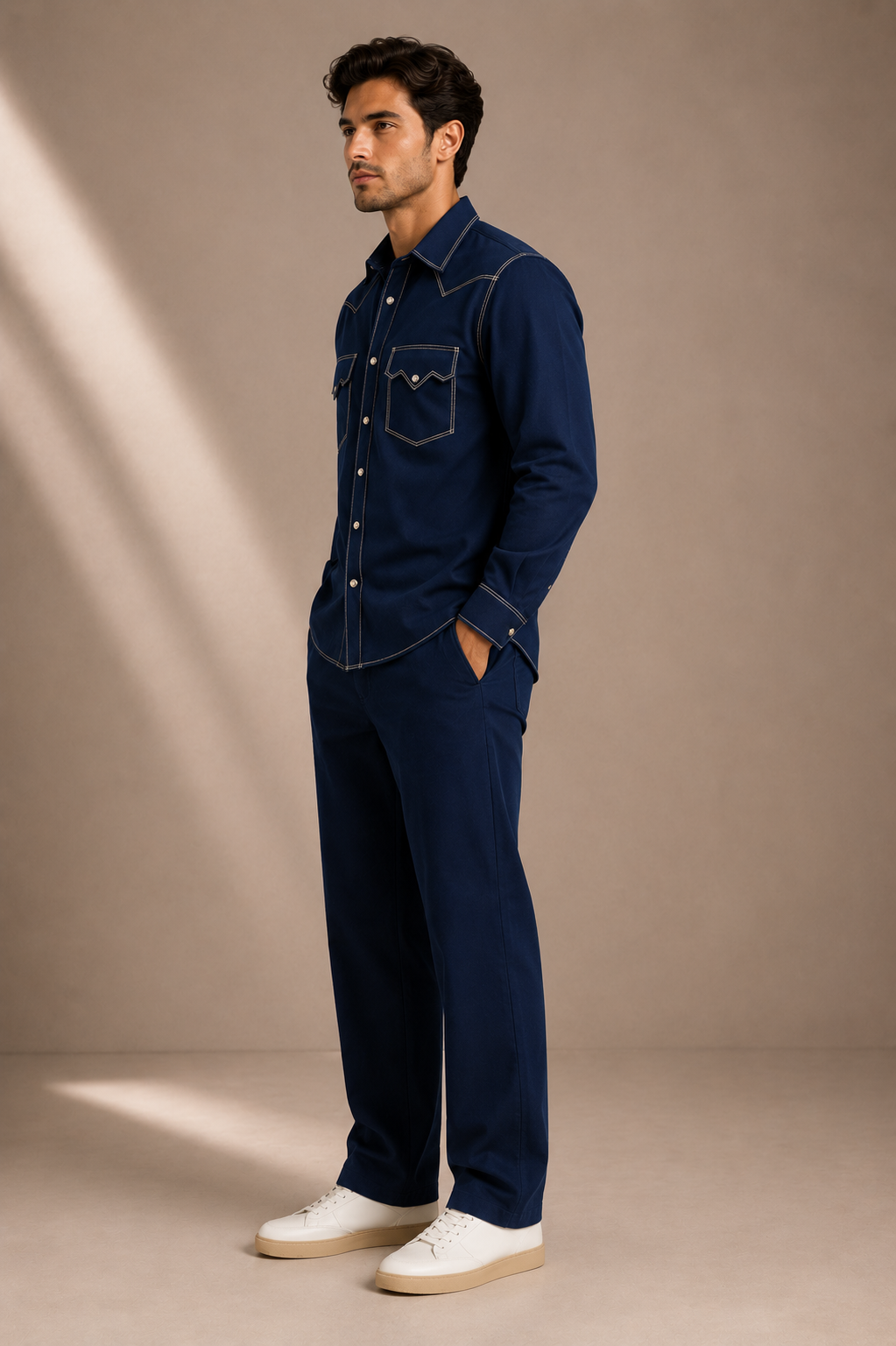 Men's Premium Navy Blue Contrast Stitch Casual Shirt | Regular Fit Full Sleeve Shirt