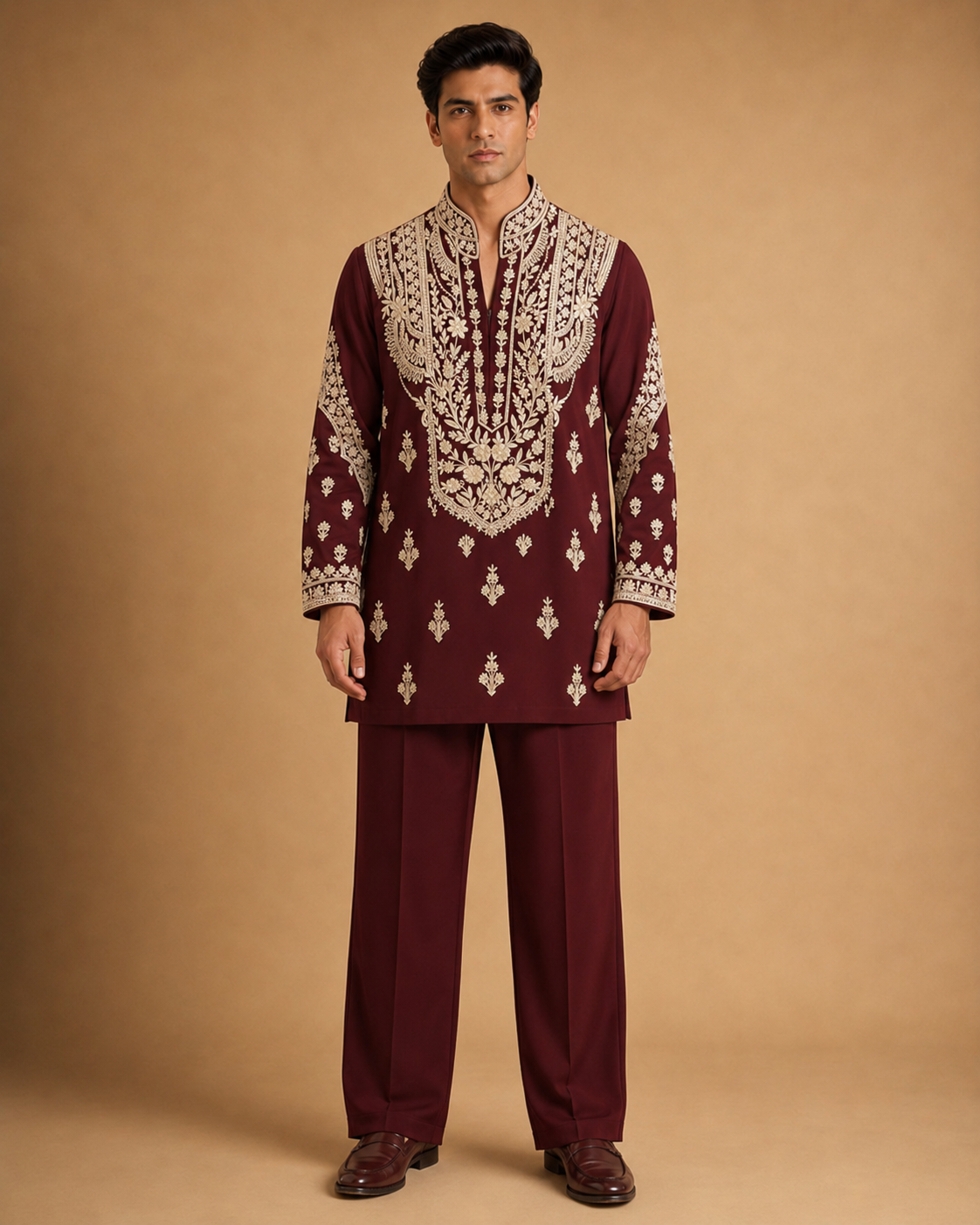 Men's Maroon Heavy Embroidered Festive Kurta for Wedding & Traditional Wear