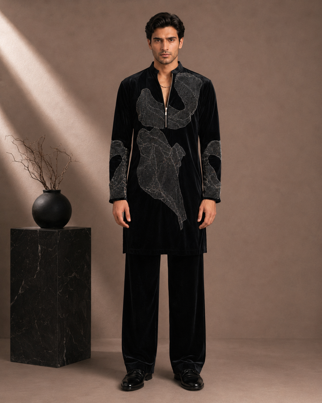 Black Velvet Zip-Front Embroidered Kurta for Men | Contemporary Festive & Party Wear