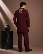 Burgundy Velvet Gold Embroidered Short Kurta for Men | Festive & Wedding Party Wear