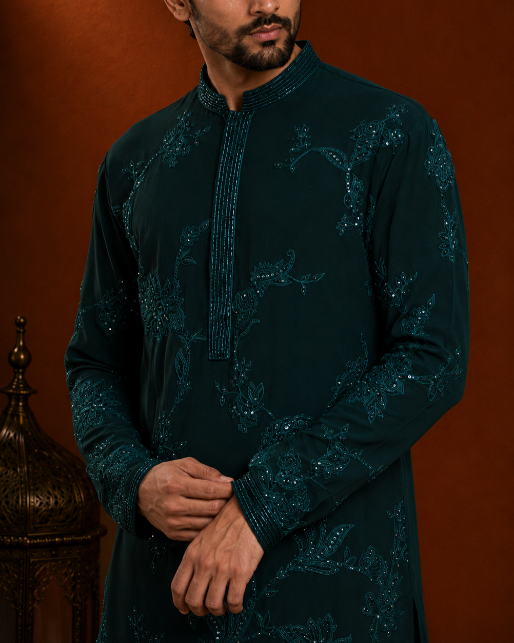 Emerald Green Tonal Embroidered Kurta for Men | Festive & Wedding Party Wear