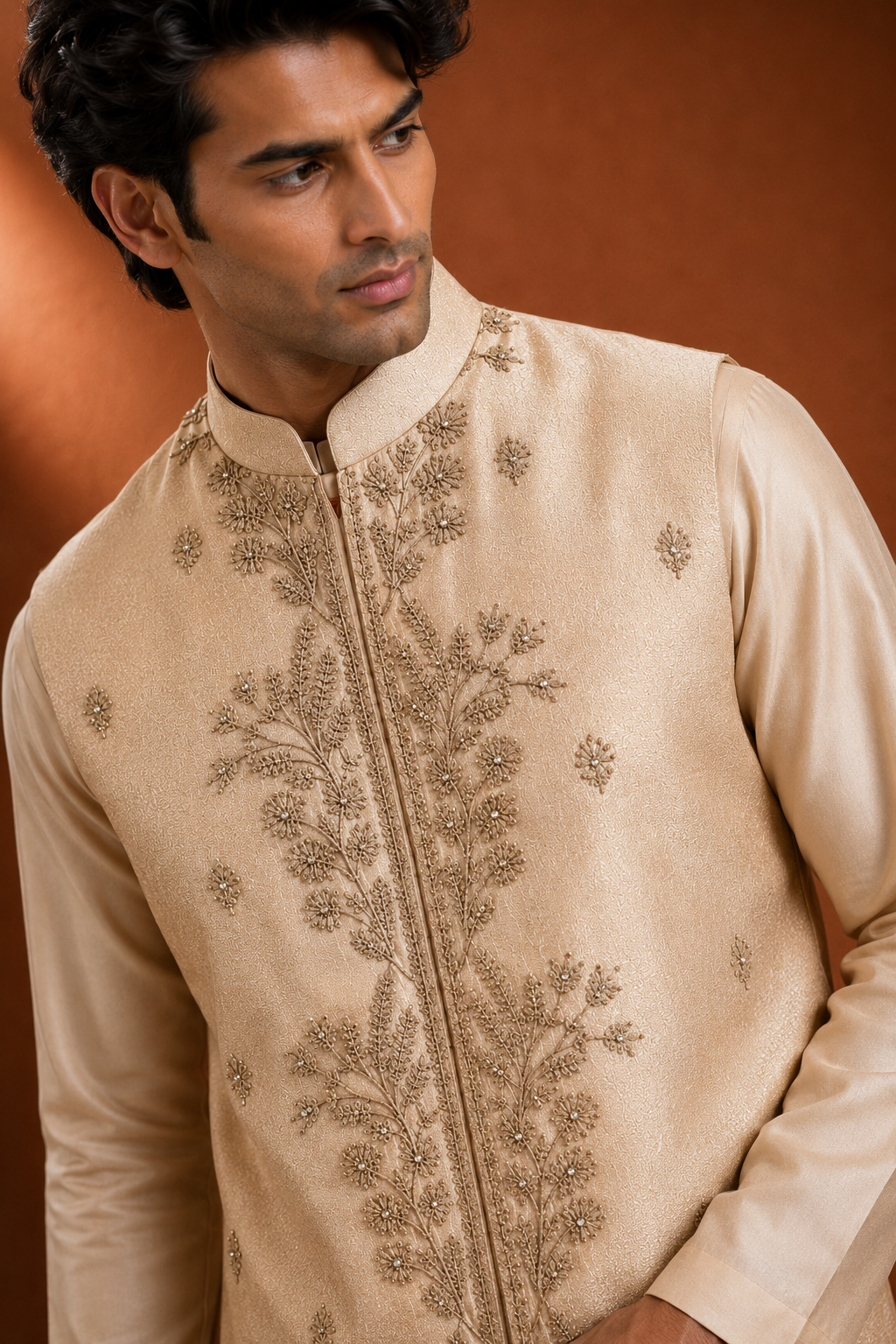 Men's Beige Embroidered Kurta with Embroidered Jacket