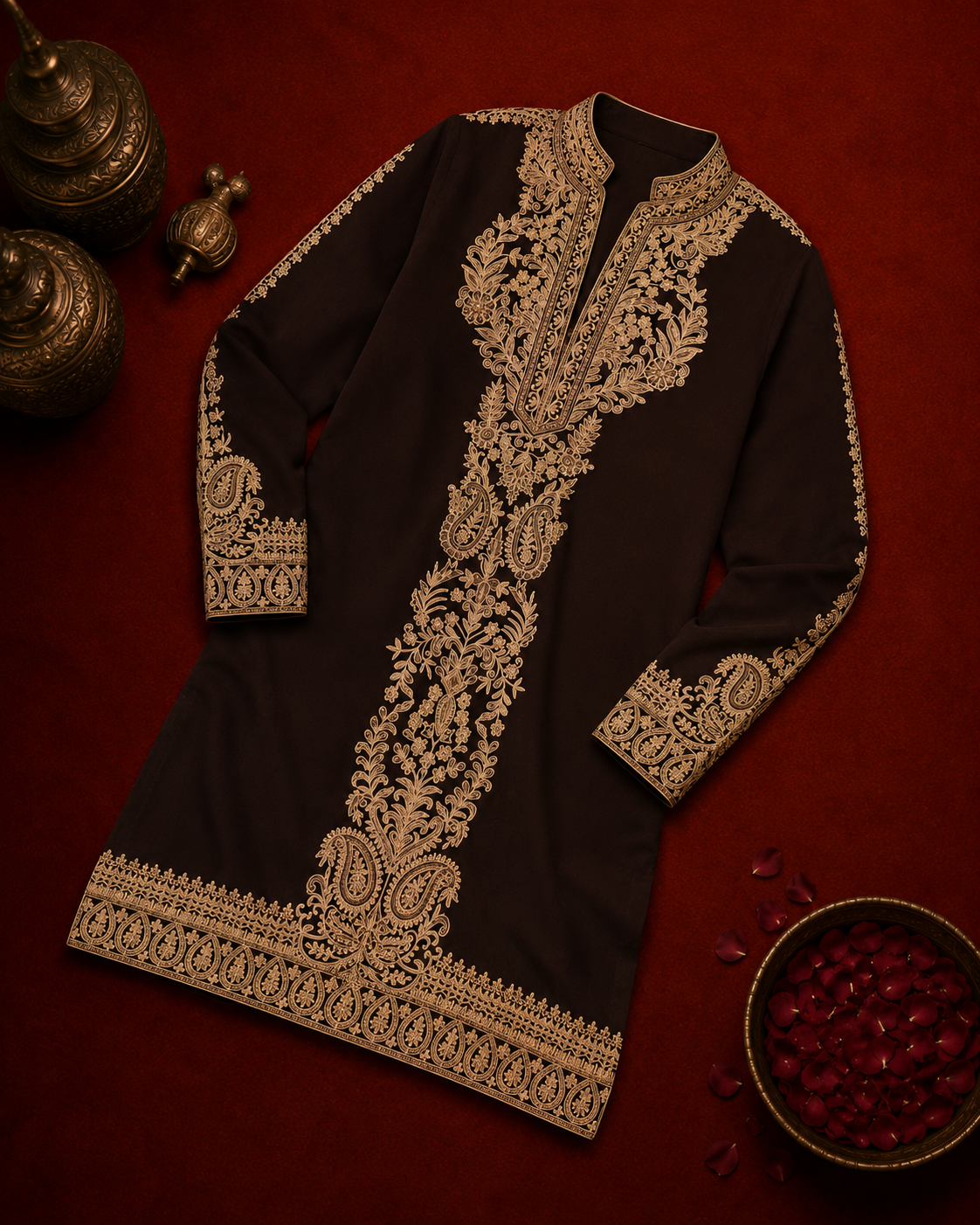 Chocolate Brown Gold Embroidered Kurta for Men | Festive & Wedding Wear