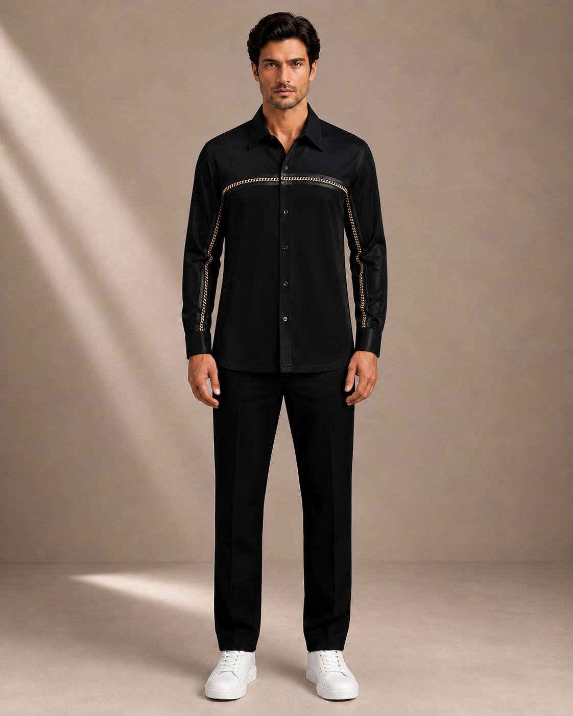 Men's Black Premium Chain Detail Full Sleeve Shirt | Luxury Party Wear Formal Shirt for Men