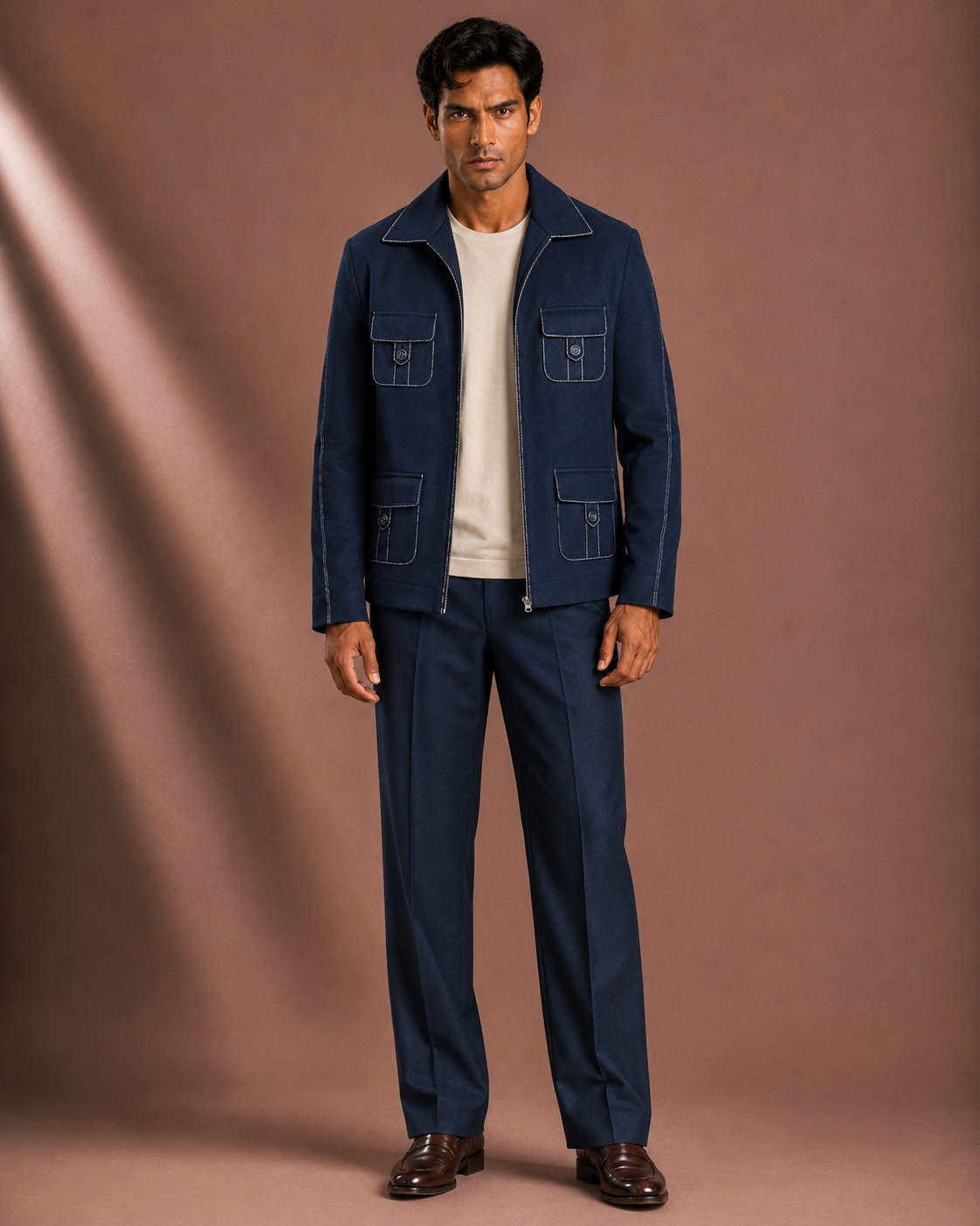 Men's Premium Navy Blue Utility Bomber Jacket | Regular Fit Zip-Up Casual Jacket