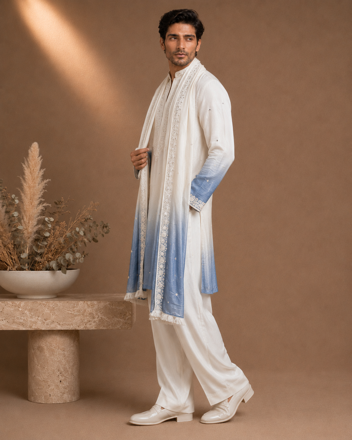 Ivory to Powder Blue Ombre Embroidered Kurta with Stole Set for Men | Festive & Wedding Wear