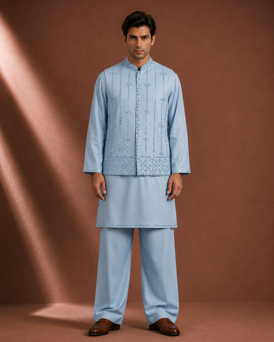 Men's Sky Blue Embroidered Kurta with Nehru Jacket | Premium Ethnic Wear for Wedding & Festive Occasions