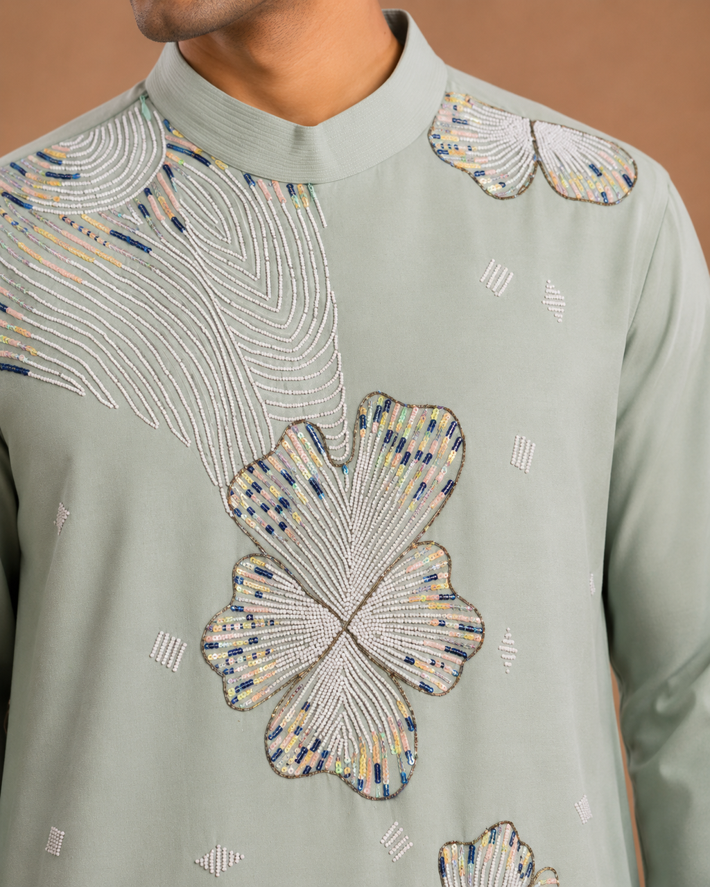 Pastel Mint Green Embroidered Kurta for Men