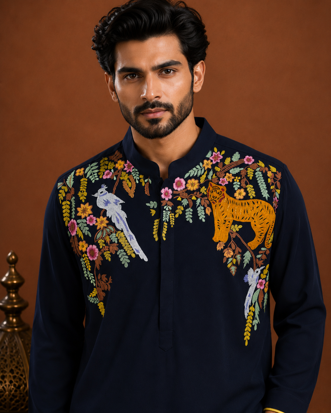 Men’s Navy Blue Embroidered Kurta | Floral & Tiger Motif Ethnic Wear