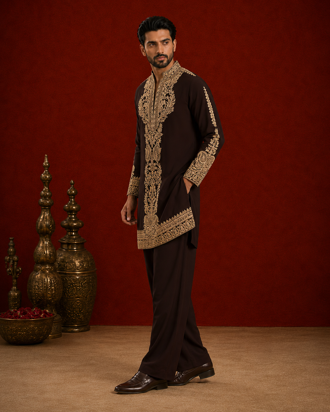 Chocolate Brown Gold Embroidered Kurta for Men | Festive & Wedding Wear