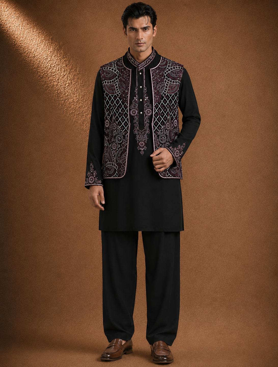 Black Embroidered Men's Kurta with Designer Jacket | Premium Festive & Wedding Ethnic Wear