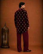 Luxury Maroon Velvet Kurta Pajama Set for Men with Gold Embroidery Festive Wedding Wear