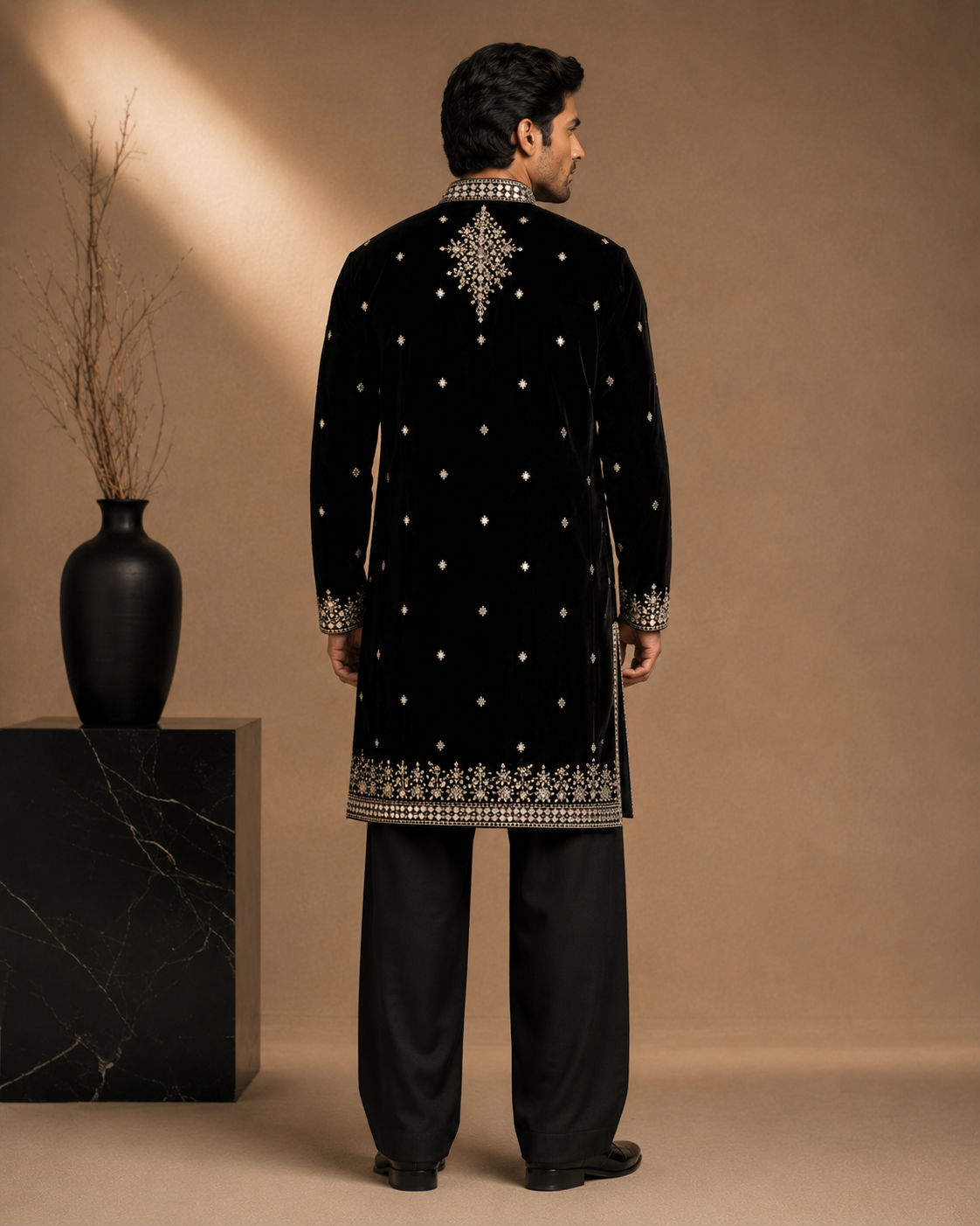 Black Velvet Mirror & Thread Embroidered Kurta for Men | Festive & Wedding Party Wear