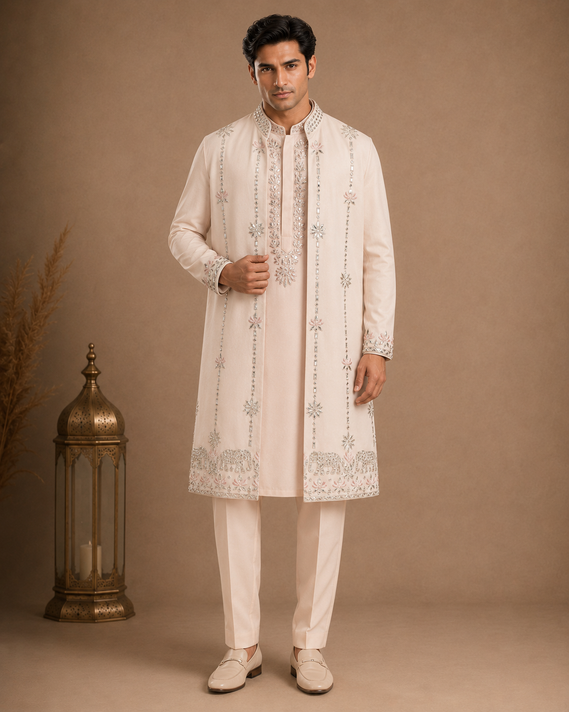 Men's Cream Embroidered Kurta with Designer Jacket | Premium Festive Ethnic Wear for Weddings