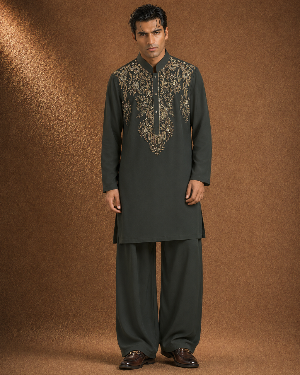 Men's Olive Green Embroidered Kurta | Premium Festive Ethnic Wear