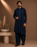 Midnight Navy Blue Tonal Embroidered Kurta for Men | Festive & Wedding Party Wear
