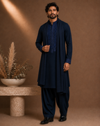 Midnight Navy Blue Tonal Embroidered Kurta for Men | Festive & Wedding Party Wear