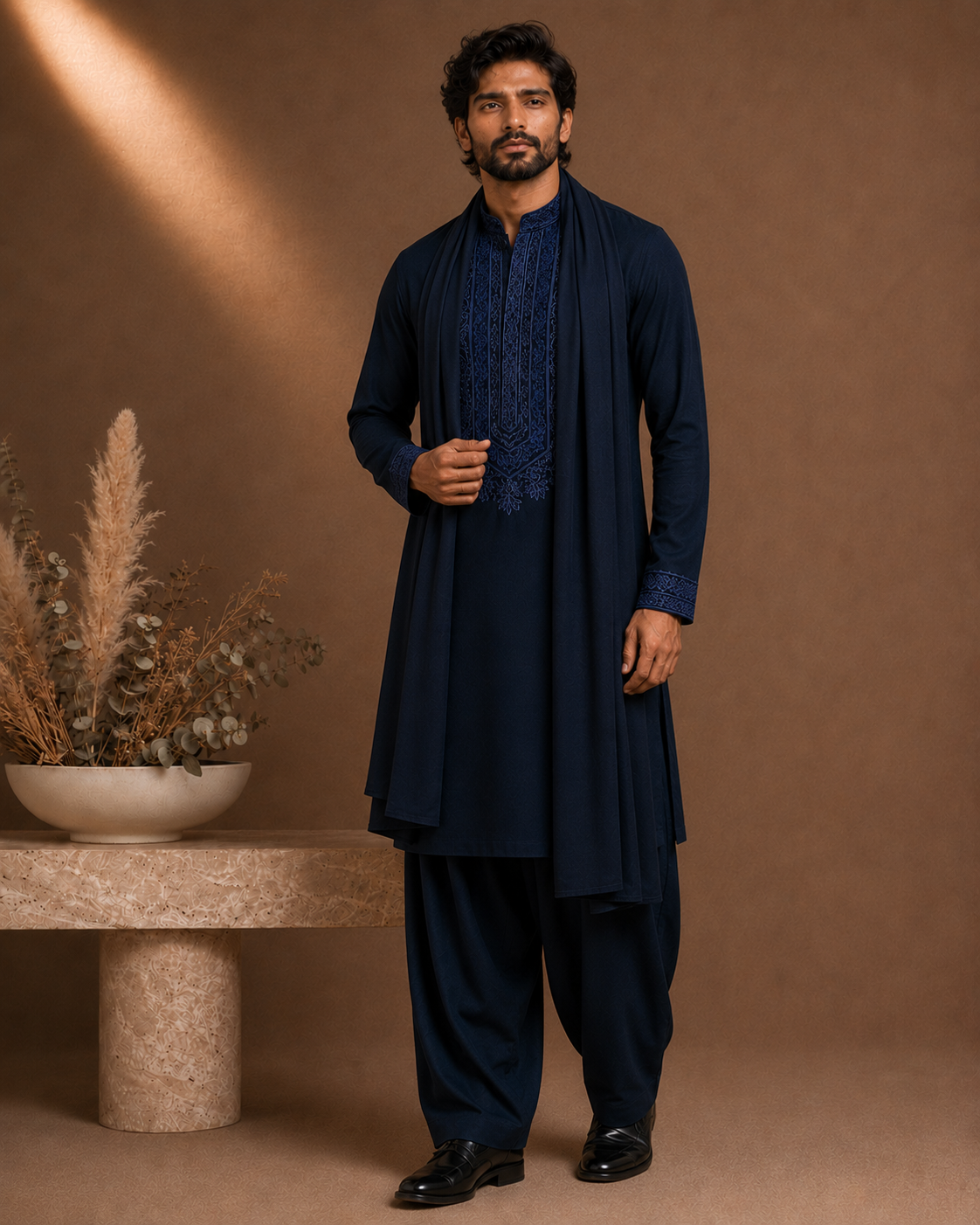 Midnight Navy Blue Tonal Embroidered Kurta for Men | Festive & Wedding Party Wear