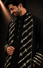 Men’s Black Embroidered Kurta with Designer Stole | Festive & Wedding Wear
