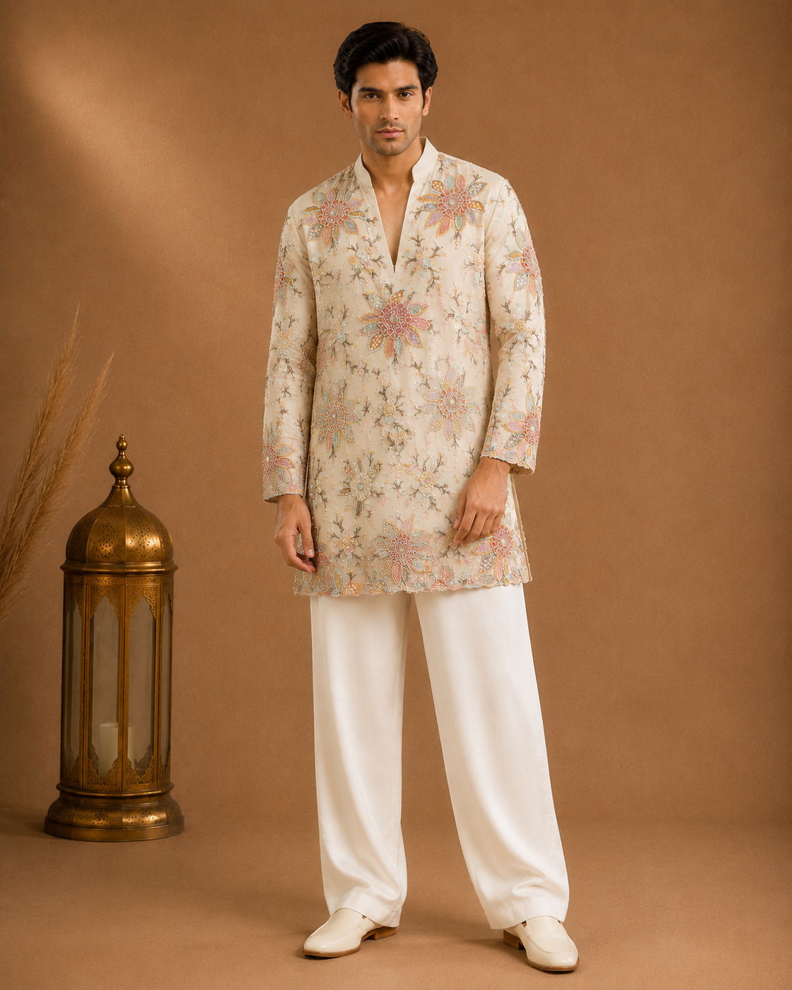Key Features  Premium Quality Fabric  Elegant Cream Color  Intricate Floral Embroidery  Designer V-Neck Mandarin Collar  Full Sleeves  Straight Fit  Soft, Breathable & Comfortable  Perfect for Weddings, Eid, Diwali, Receptions & Festive Wear