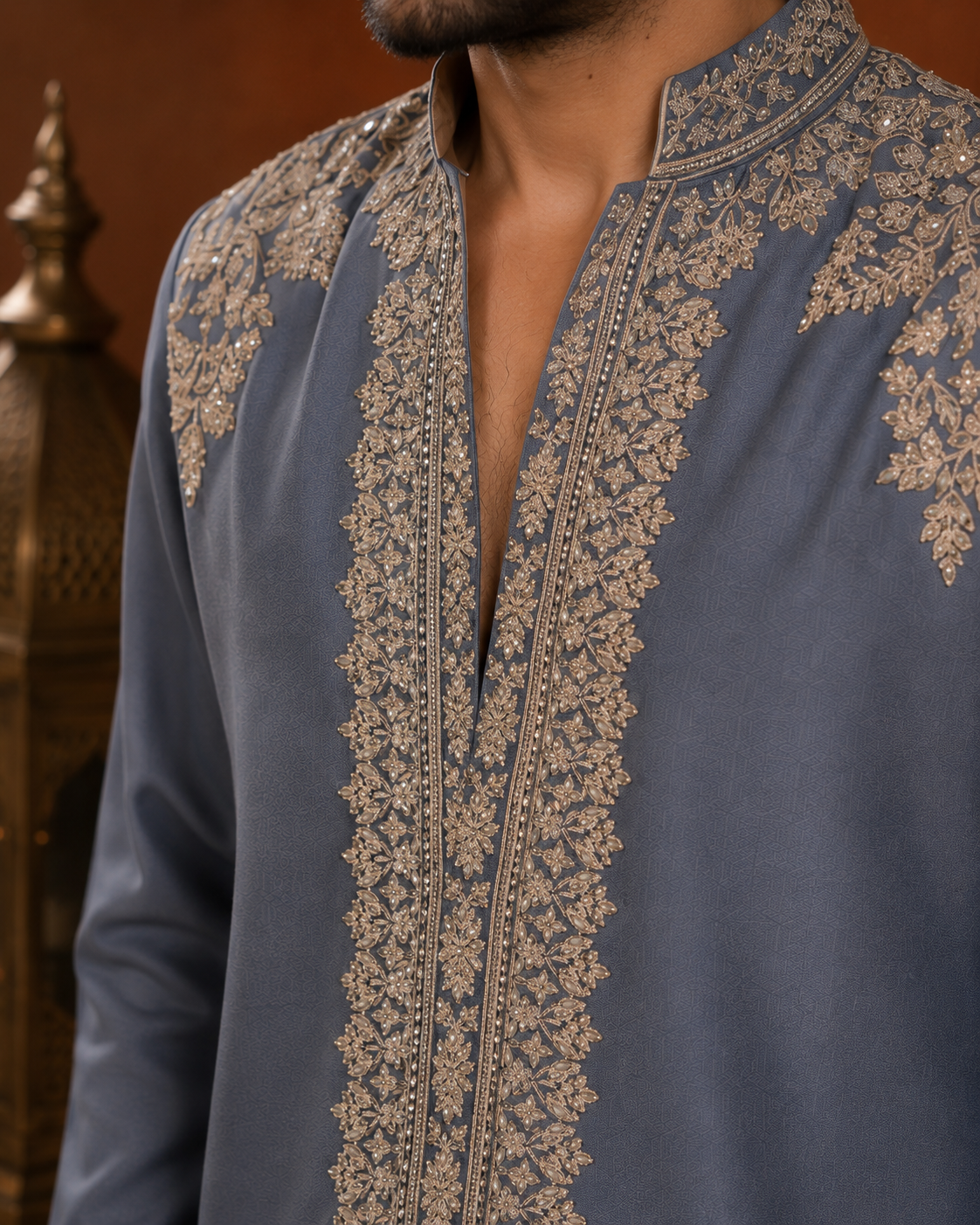 Slate Blue Embroidered Kurta for Men | Festive & Wedding Wear