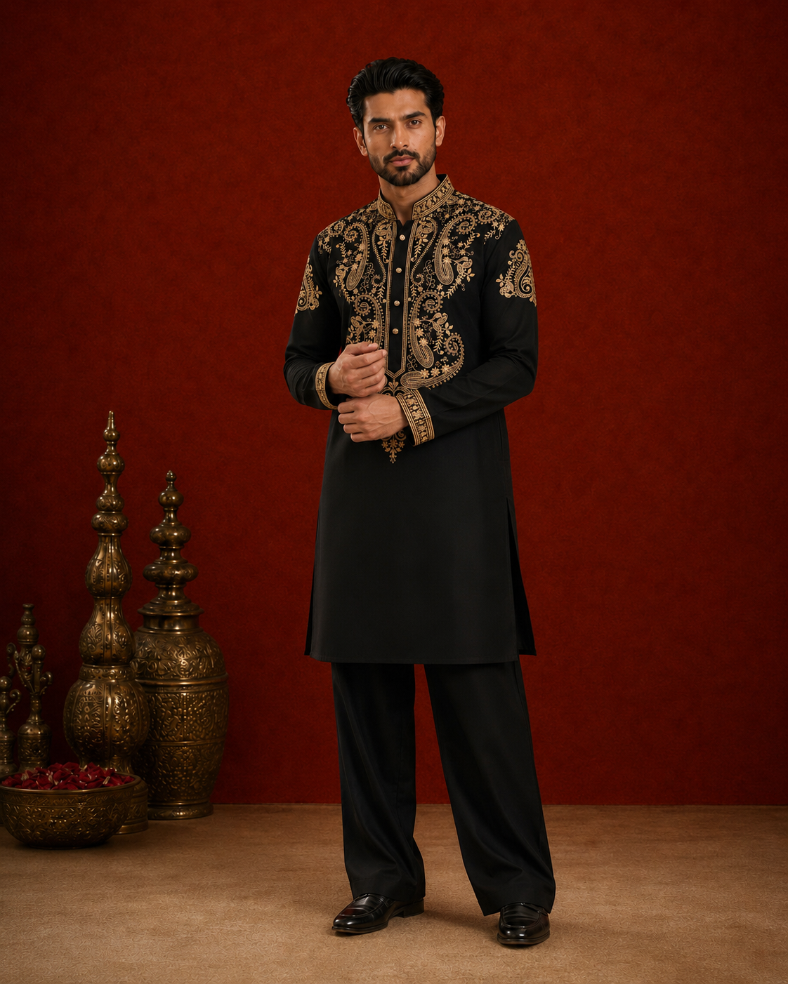 Black Gold Paisley Embroidered Buttoned Kurta for Men | Festive & Wedding Wear