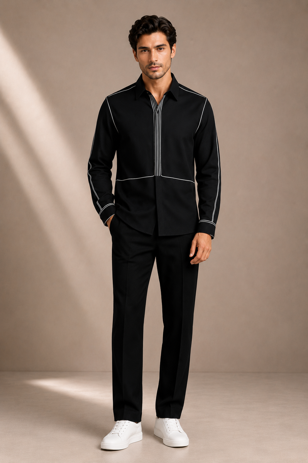 Men's Black Contrast Stitch Shirt | Premium Full Sleeve Designer Casual Shirt