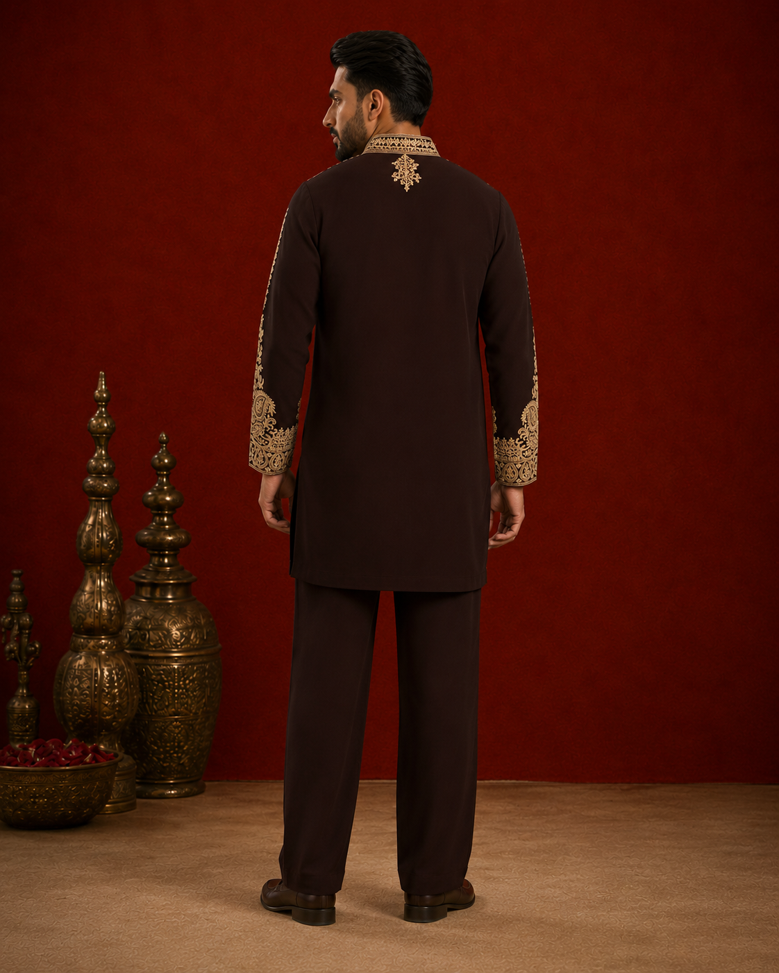 Chocolate Brown Gold Embroidered Kurta for Men | Festive & Wedding Wear