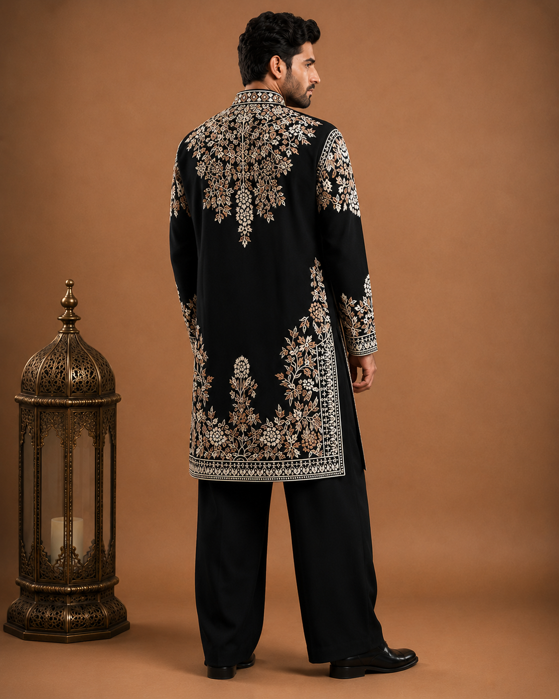 Black Heavy Kashmiri Embroidered Buttoned Kurta for Men | Wedding & Festive Wear