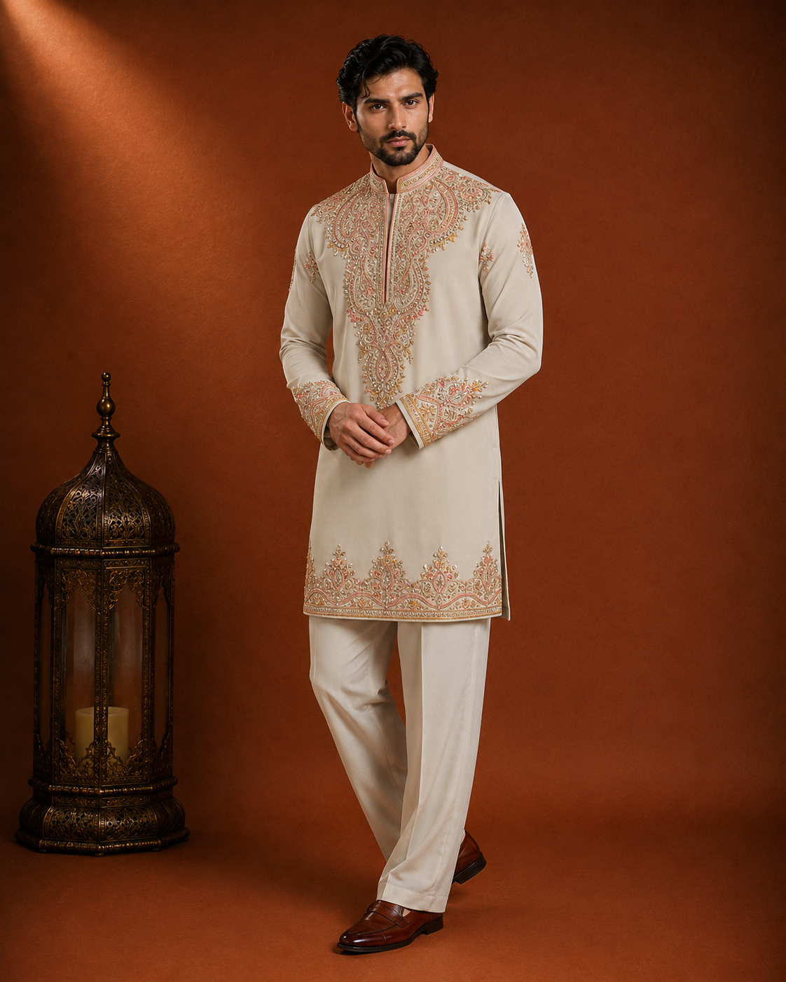 Beige Multi-Tonal Embroidered Kurta for Men | Groom & Wedding Festive Wear