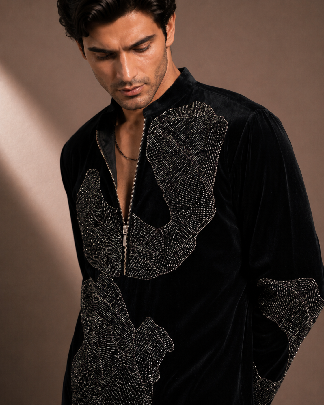 Black Velvet Zip-Front Embroidered Kurta for Men | Contemporary Festive & Party Wear