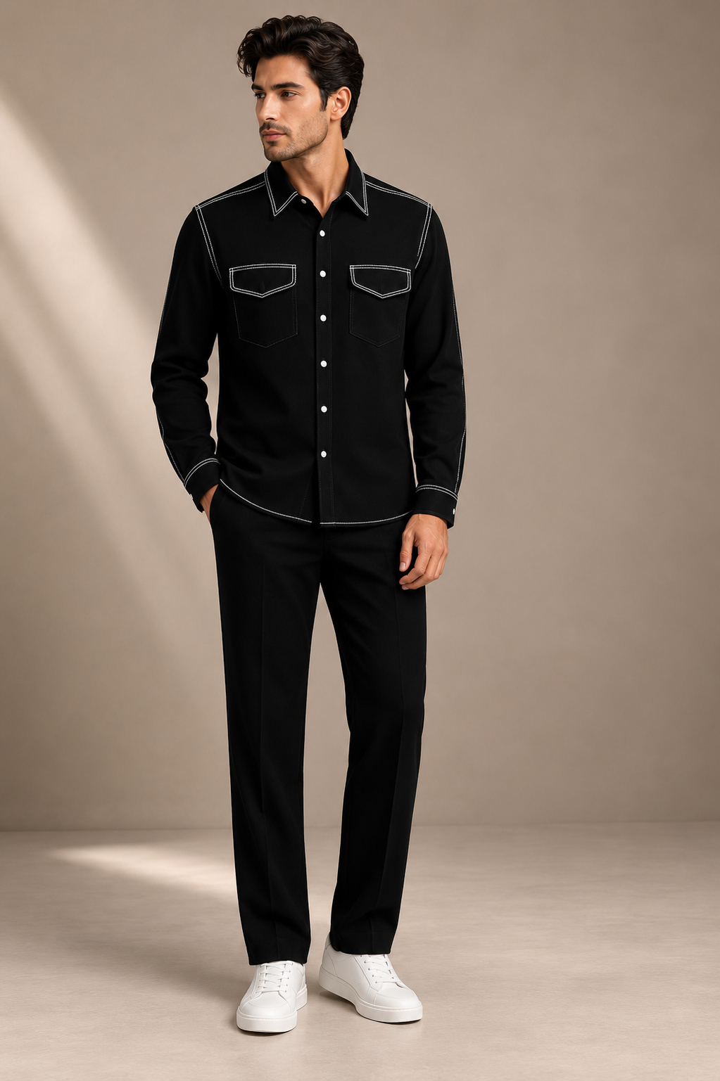 Men's Premium Black Contrast Stitch Casual Shirt | Regular Fit Full Sleeve Shirt