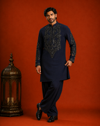 Midnight Navy Tonal Cut-Bead & Sequin Embroidered Kurta for Men | Festive & Wedding Party Wear