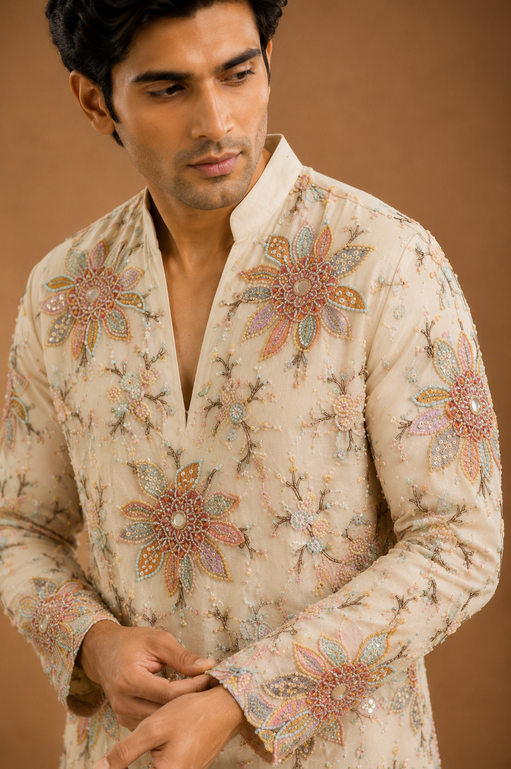 Key Features  Premium Quality Fabric  Elegant Cream Color  Intricate Floral Embroidery  Designer V-Neck Mandarin Collar  Full Sleeves  Straight Fit  Soft, Breathable & Comfortable  Perfect for Weddings, Eid, Diwali, Receptions & Festive Wear