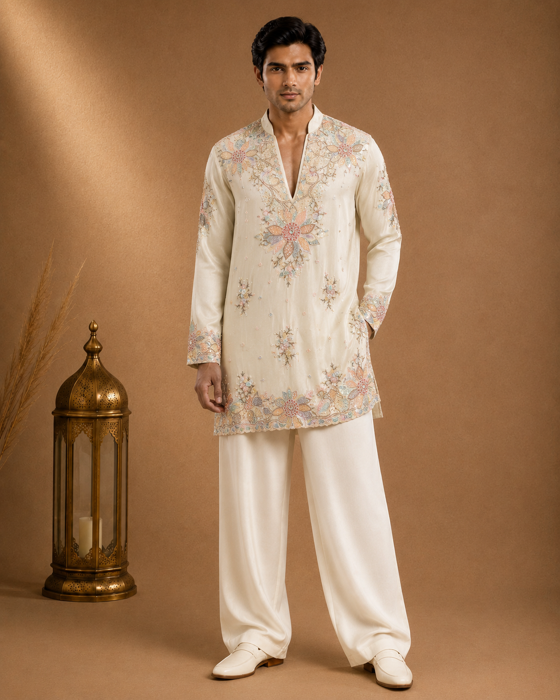 Cream Floral Embroidered Kurta for Men | Designer Wedding & Festive Wear Ethnic Kurta