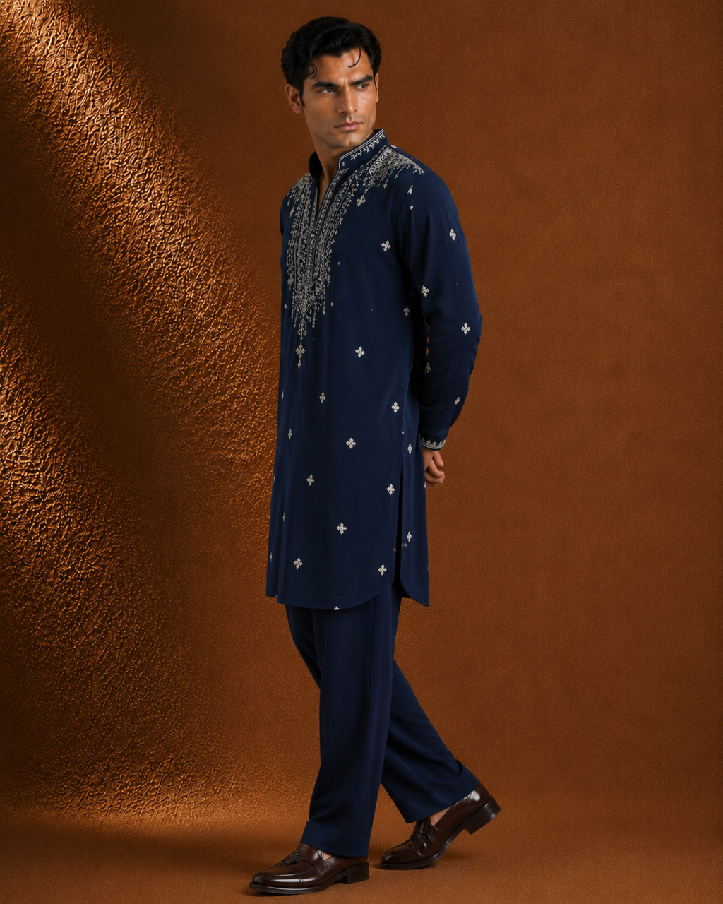 Royal Navy Blue Silver Embroidered Kurta for Men | Festive & Wedding Party Wear