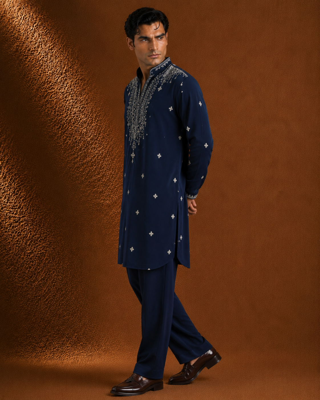 Royal Navy Blue Silver Embroidered Kurta for Men | Festive & Wedding Party Wear