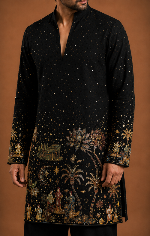 Black Handcrafted Storyteller Embroidered Kurta for Men | Festive & Wedding Party Wear