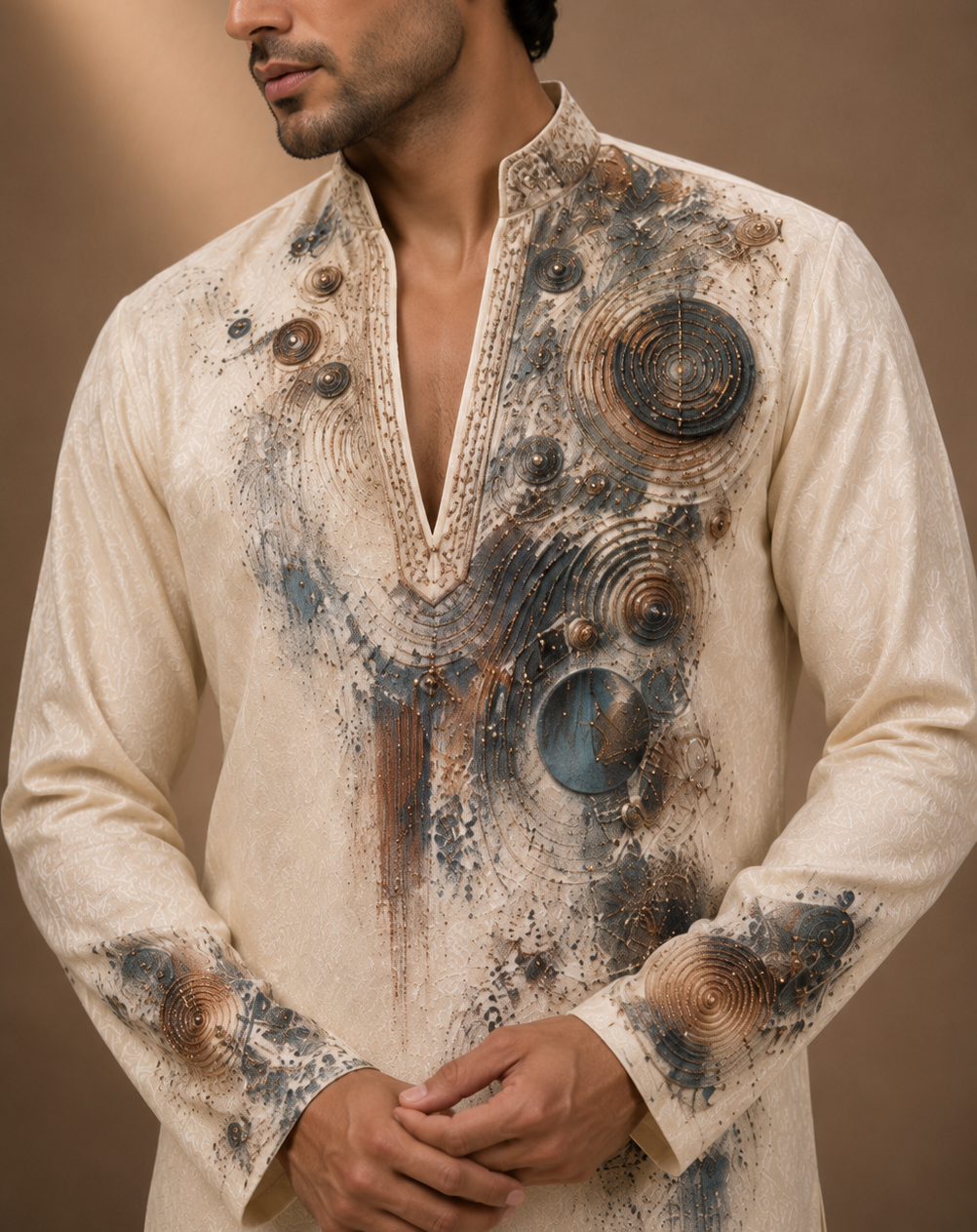 Cream Abstract Art Embroidered Short Kurta for Men | Modern Festive & Cocktail Wear