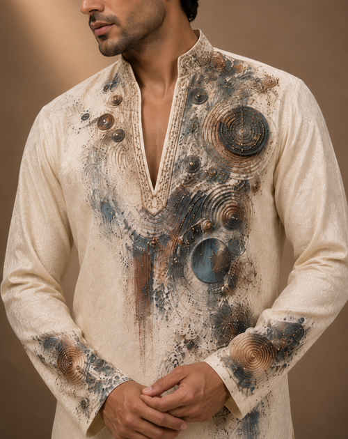 Cream Abstract Art Embroidered Short Kurta for Men | Modern Festive & Cocktail Wear