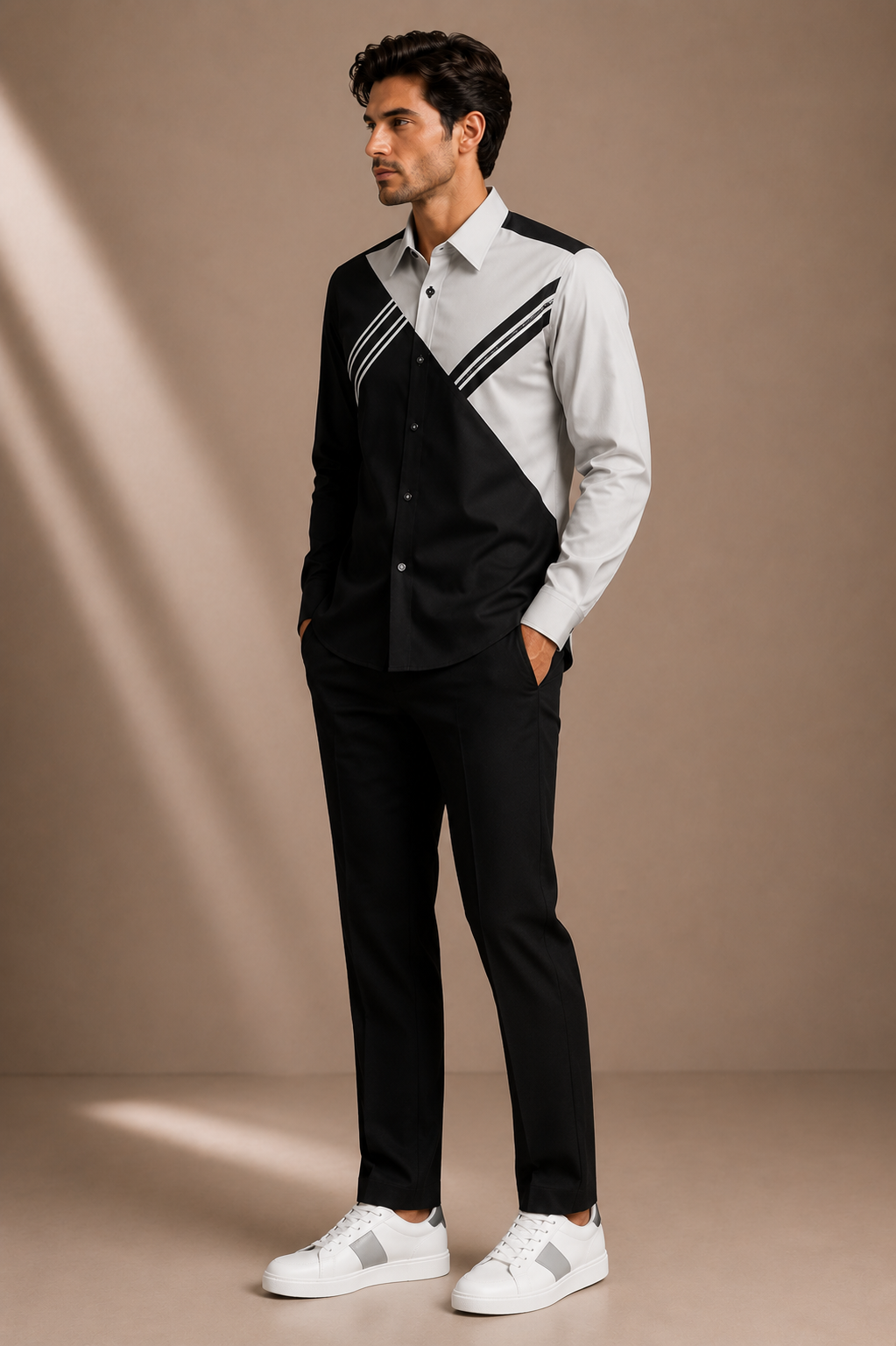 Men's Premium Black &amp; White Color Block Casual Shirt | Regular Fit Full Sleeve Shirt