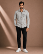 Men's Premium Light Grey Full Sleeve Shirt with Contrast Stitching & Utility Pocket