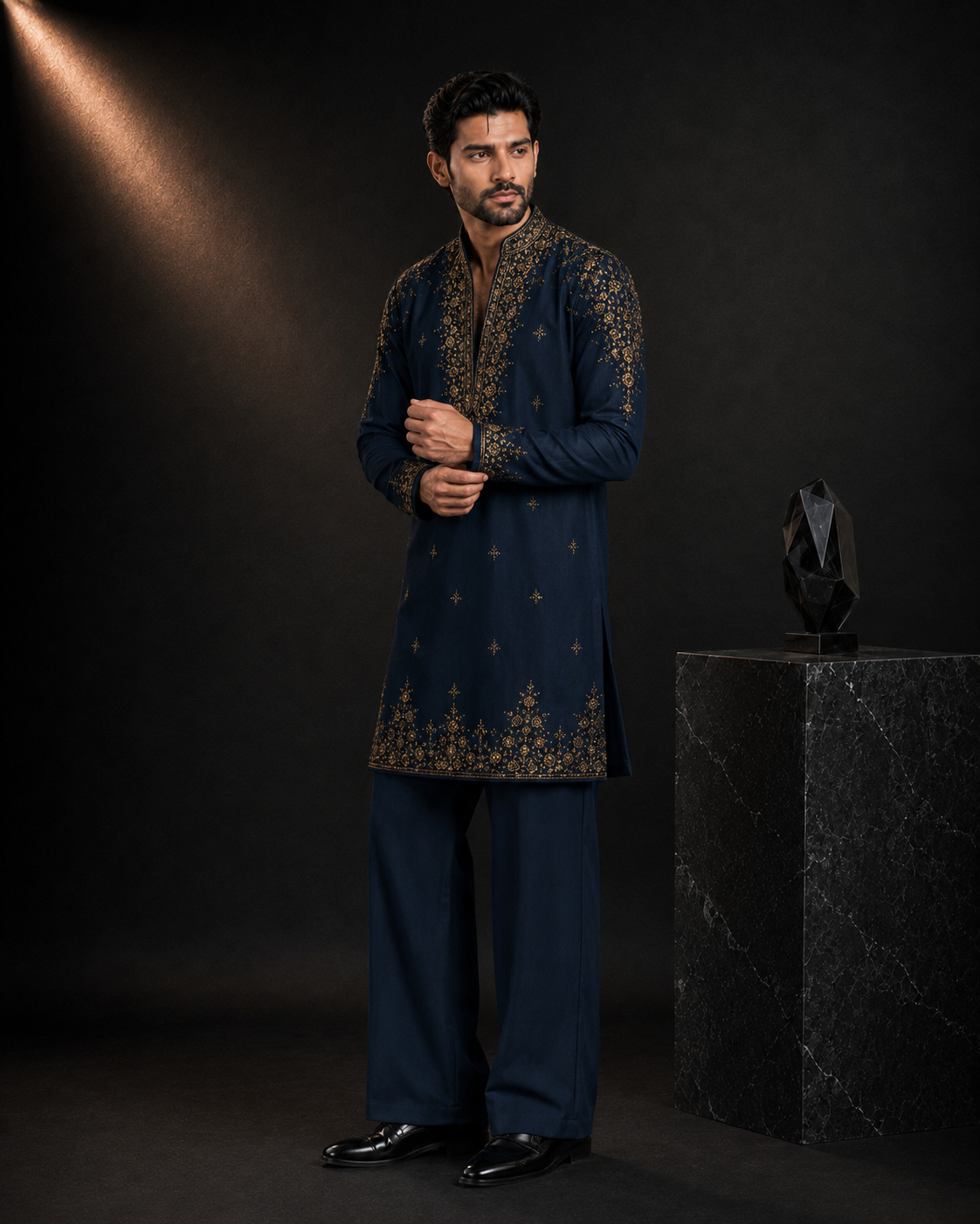 Midnight Navy Blue Gold Embroidered Kurta for Men | Festive & Wedding Party Wear