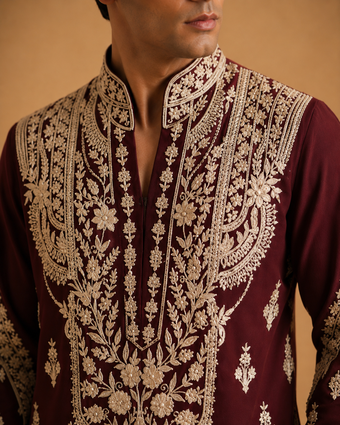 Men's Maroon Heavy Embroidered Festive Kurta for Wedding & Traditional Wear