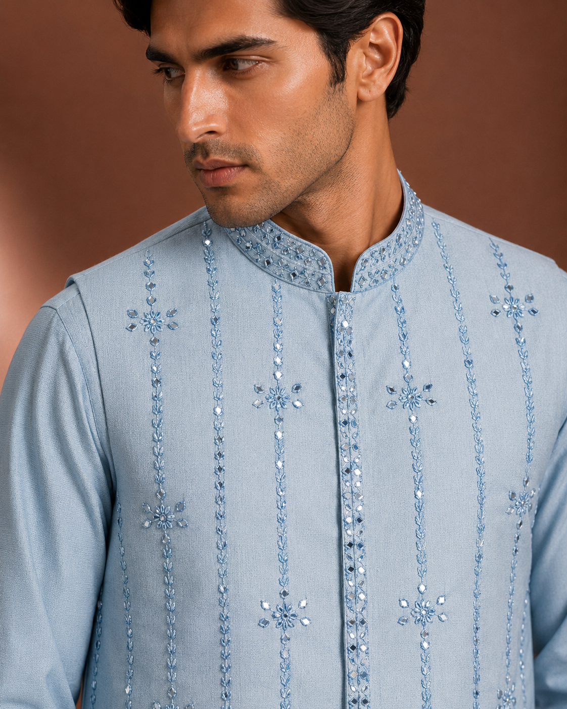 Men's Sky Blue Embroidered Kurta with Nehru Jacket | Premium Ethnic Wear for Wedding & Festive Occasions