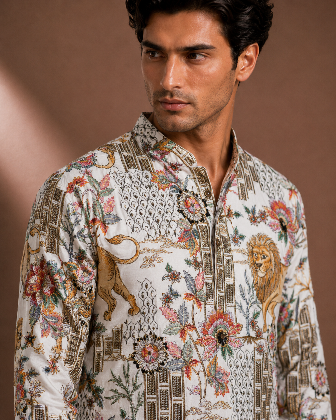 Men's White Lion Print Kurta | Premium Designer Ethnic Kurta for Wedding & Festive Wear