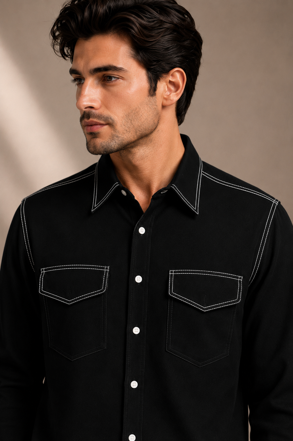 Men's Premium Black Contrast Stitch Casual Shirt | Regular Fit Full Sleeve Shirt