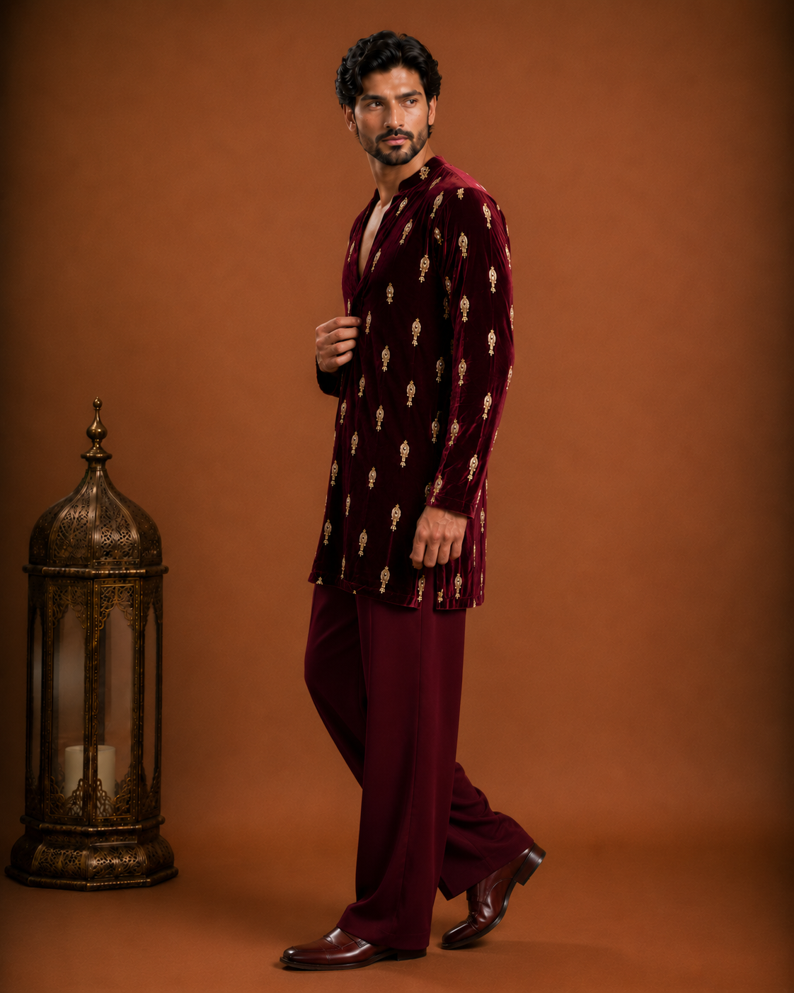 Men’s Burgundy Velvet Kurta with Golden Embroidery | Festive Ethnic Wear