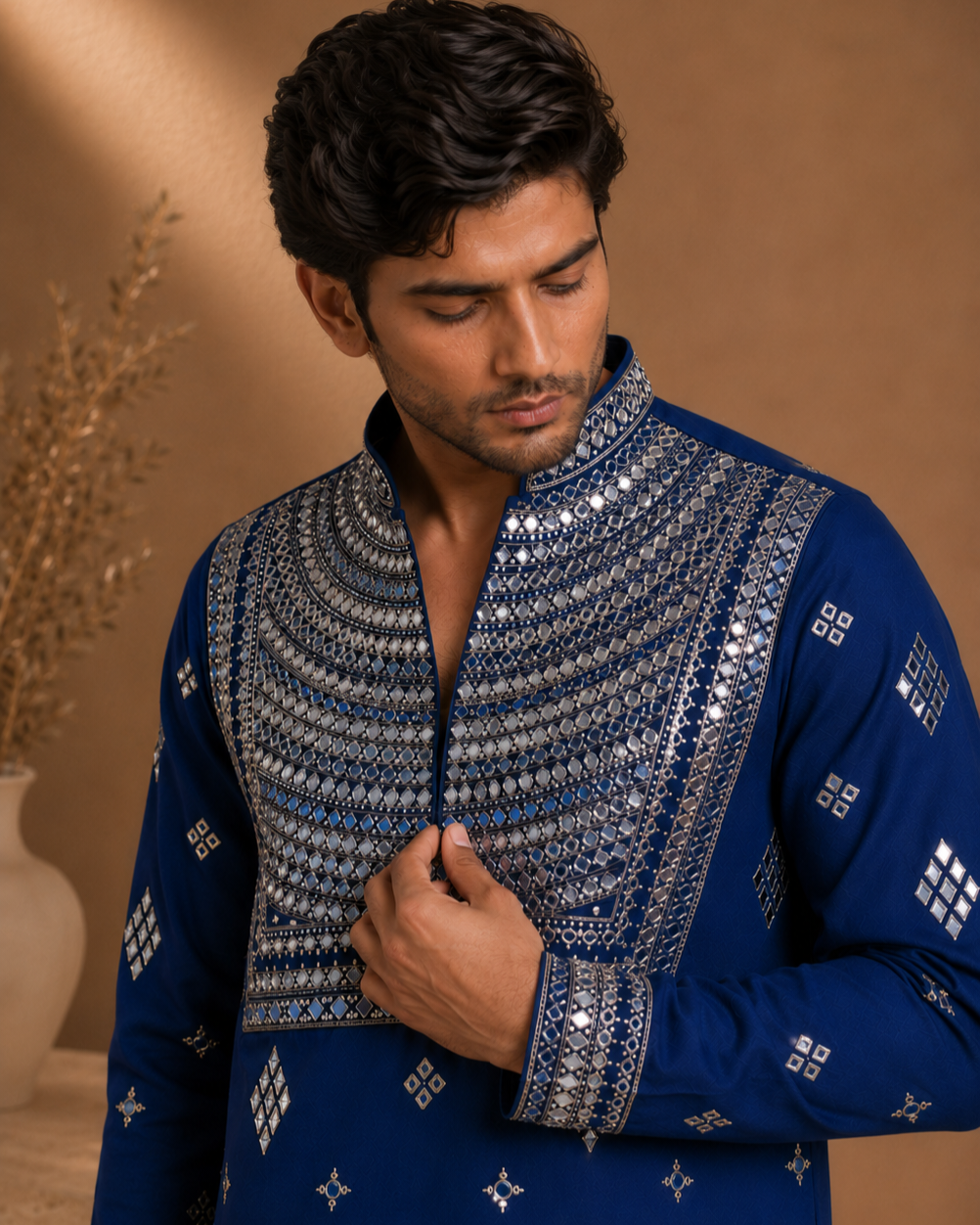 Royal Blue Heavy Mirror Work Embroidered Kurta for Men | Festive & Wedding Party Wea