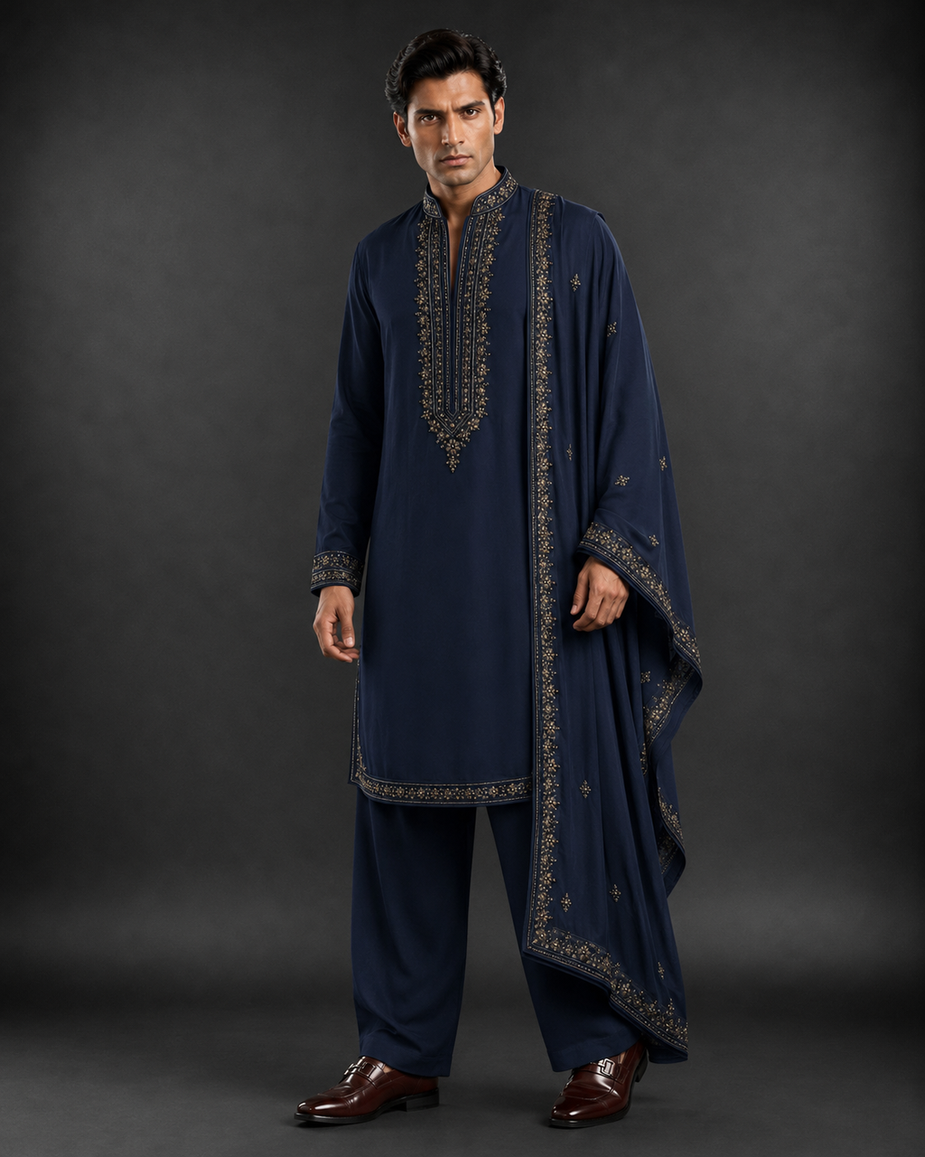 Navy Blue Embroidered Men's Kurta for Wedding, Festive & Ethnic Wear